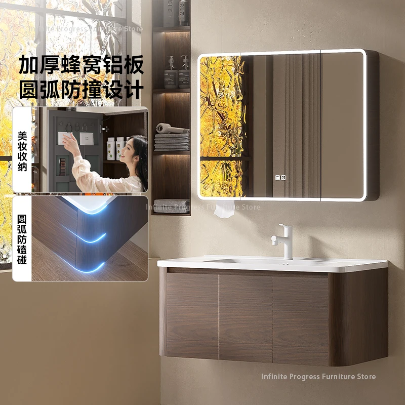 Nordic Walnut Wood Bathroom Cabinet Vanity Combo Washstand Touch Screen Multifunction Mirror Fashion Furniture Muebles Baño FYBC