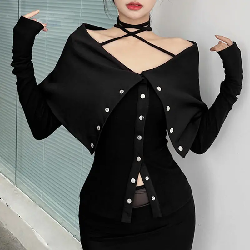 Autumn New Trend Sexy Turn-down Collar Off Shoulder Long Sleeve T-Shirts Female Slim Buttons Solid Color Top Tee Fashion Skinny