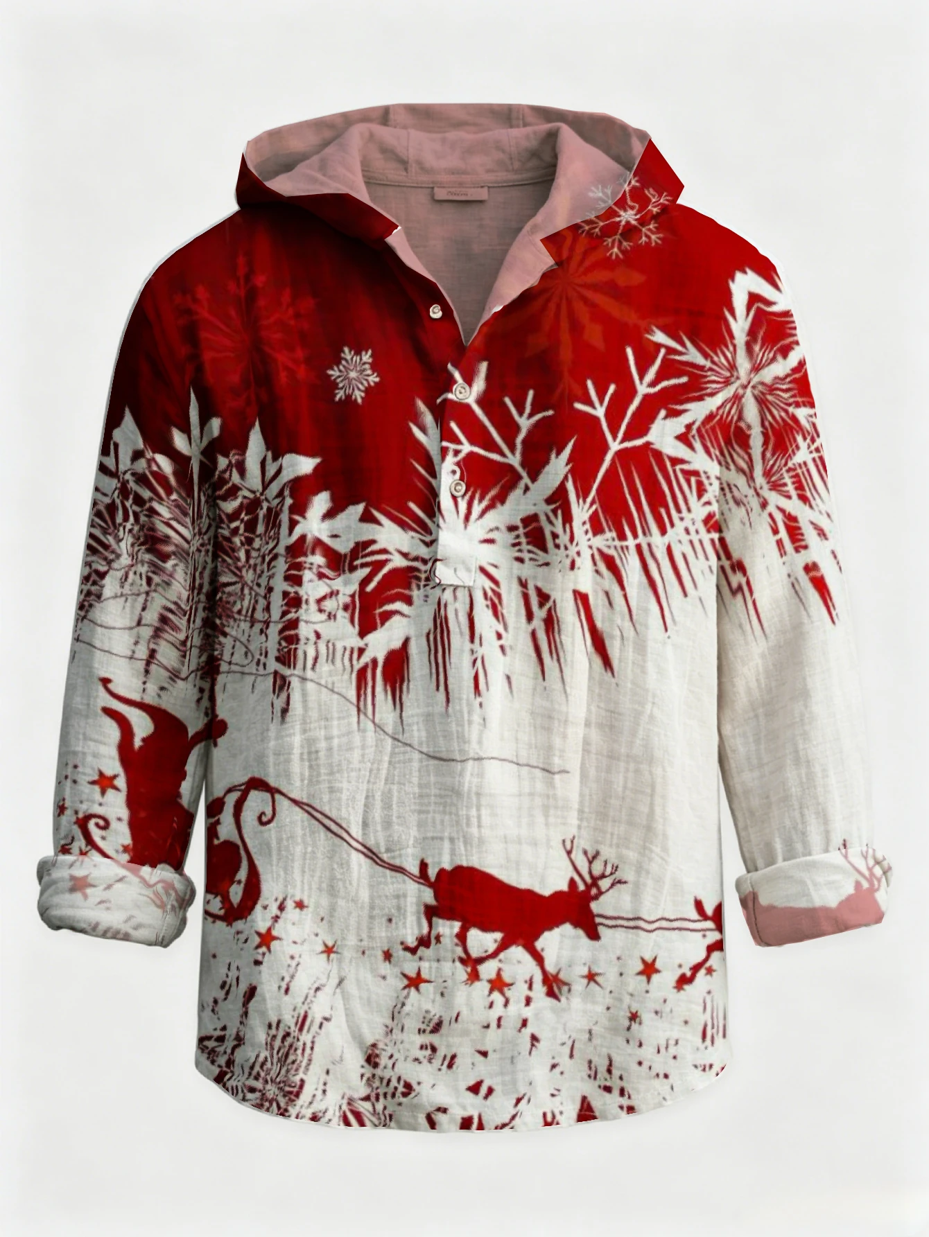 Men's Christmas Reindeer Snowflake Print Hooded Henley Shirt, Long Sleeve Half‑Button Placket Loose Fit Holiday Casual Pullover