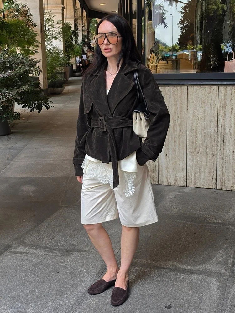 Vintage V-neck Faux Suede Cropped Jacket Women Lapel Collar Belted Waist Long Sleeve Short Coat Chic Street Style Outerwear 2026
