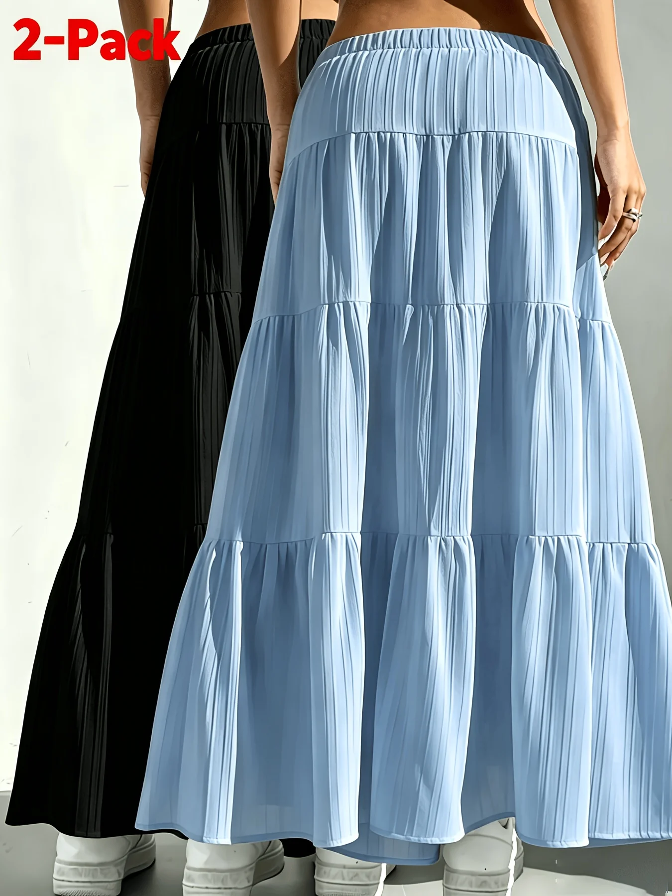 2pcs Women's High Waisted Drawstring Maxi Skirts, Solid Color Tiered Ruffle Long Skirt, Casual Loose Flowy A-Line Summer Skirt
