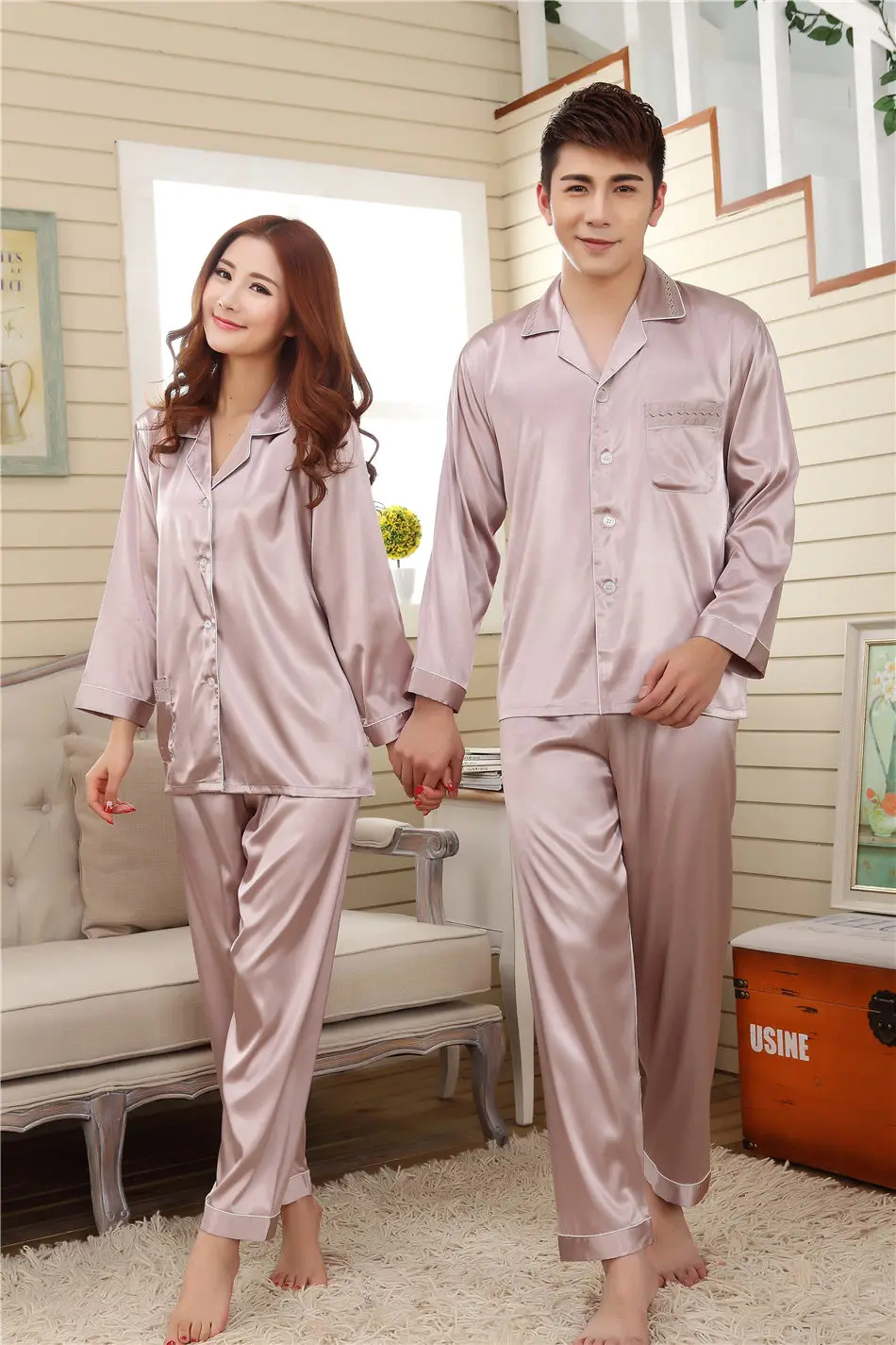 Spring Summer Grey Pink Silk Lovers Set Fashion Lounge Long-sleeve Sleepwear Pajamas For Women Hot Sale Female Satin Nightgown