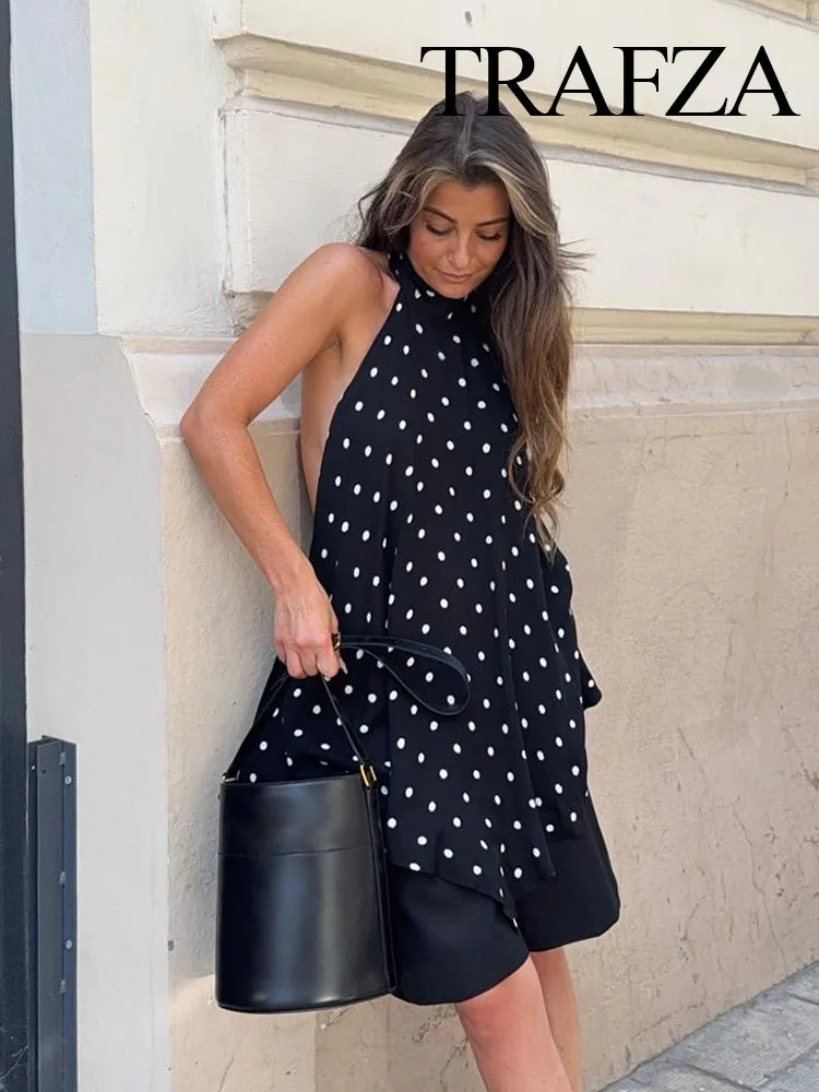 

TRAFZA 2025 Women's Summer New Fashion Tops Black Polka Dot Sleeveless Backless Lace-Up Decoration Female Sexy Slim Tops