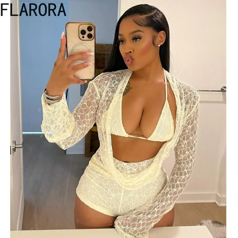 

FLARORA Sexy Lace 3 Piece Sets Woman See Through Swing Collar Halter Bra+Full Sleeve Tops+Skinny Shorts Outfits Party Clubwear