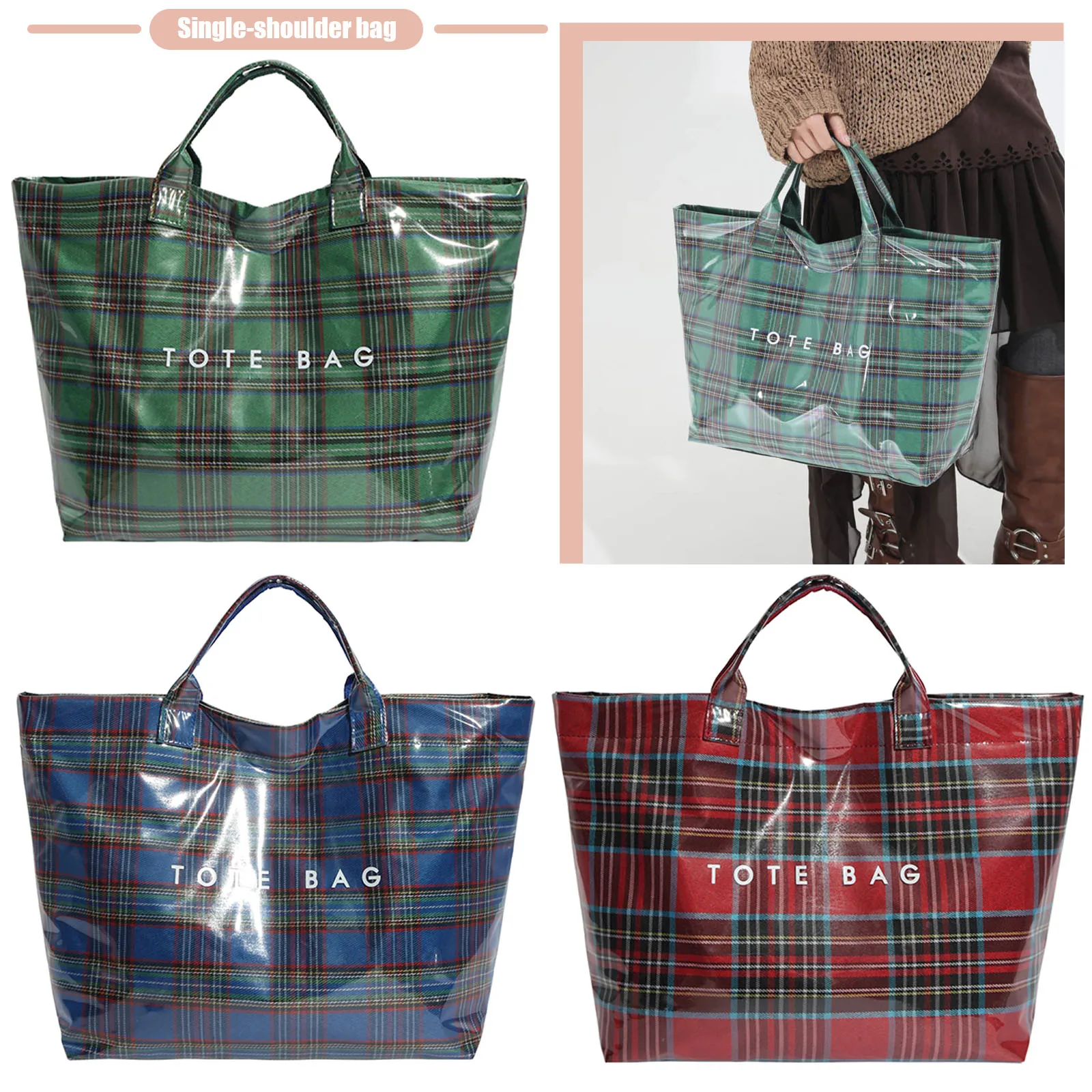 

PVC Zipper Tote Bag Kraft Paper Beach Bag Large Hobo Carry All Travel Shopping Handbag Plastic Shoulder Bag for Women WorkTravel