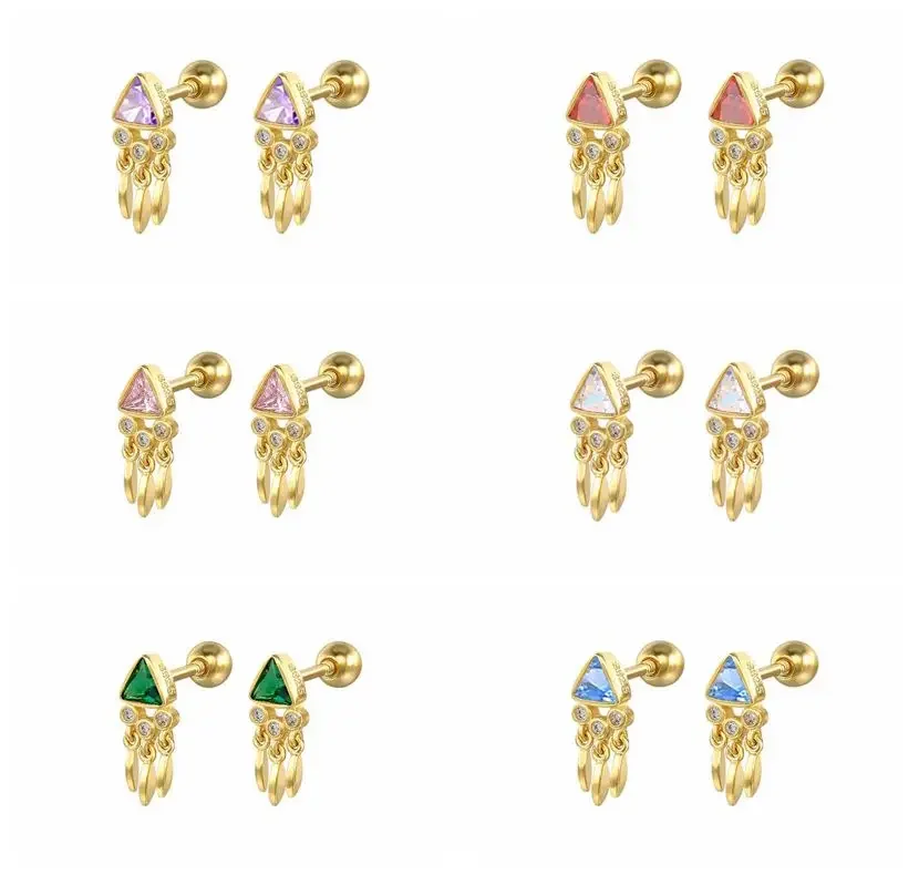 925 Sterling Silver Needle Mini Triangle Tassel Pendant Stud Earrings for Women Colorful Cartilage Perforation Earrings Jewelry