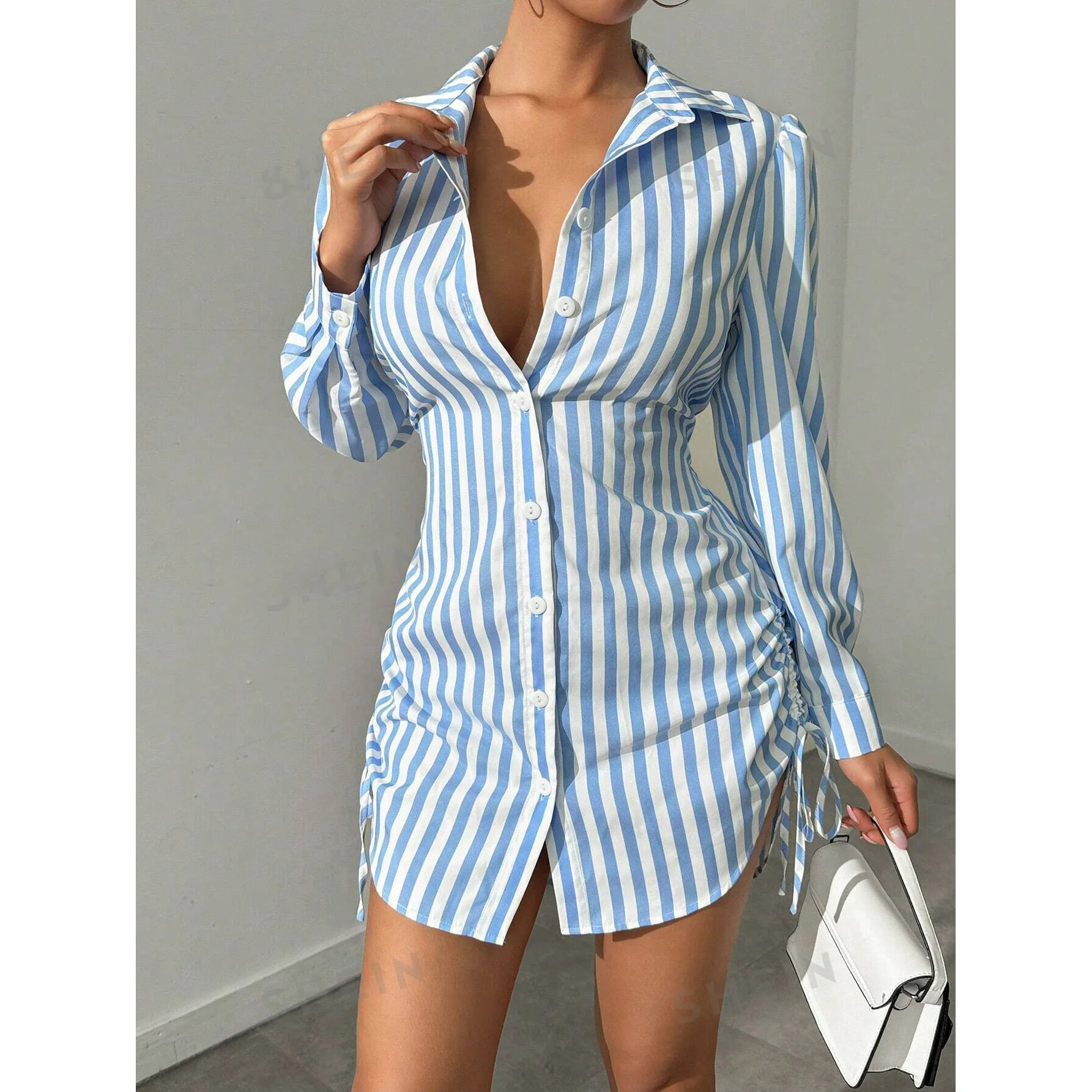 New Women's Spring And Summer Striped Side Drawstring Long Sleeve Shirt