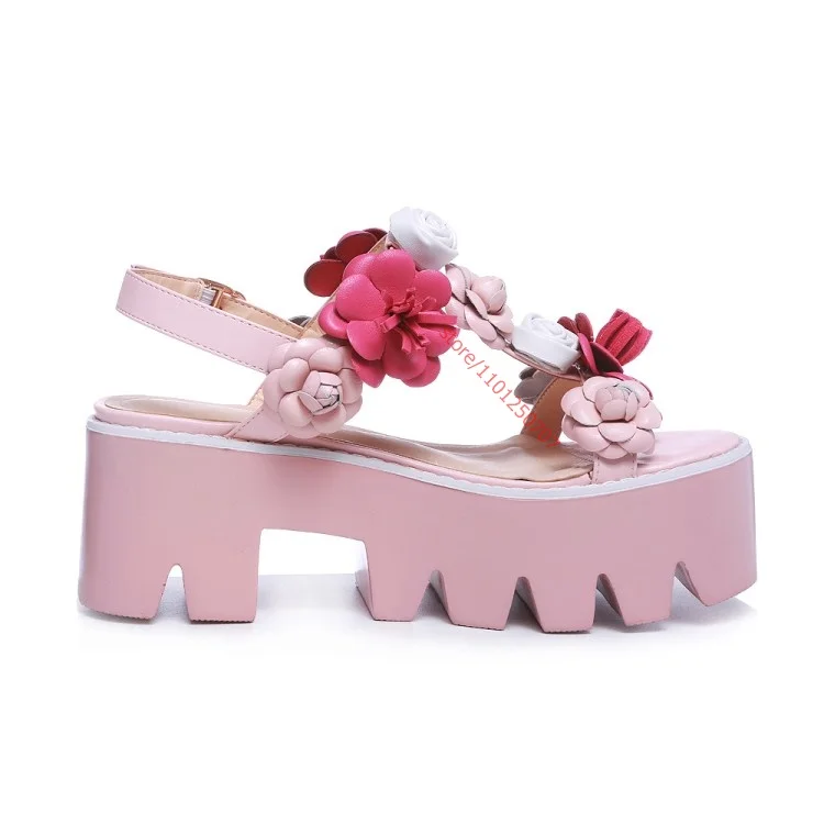 Zoete Roze Plateausandalen Dikke Onderkant Bloem Hoge Hak Pumps Romeinse Wiggen T Band Peep Toe Sandali Donna Eleganti