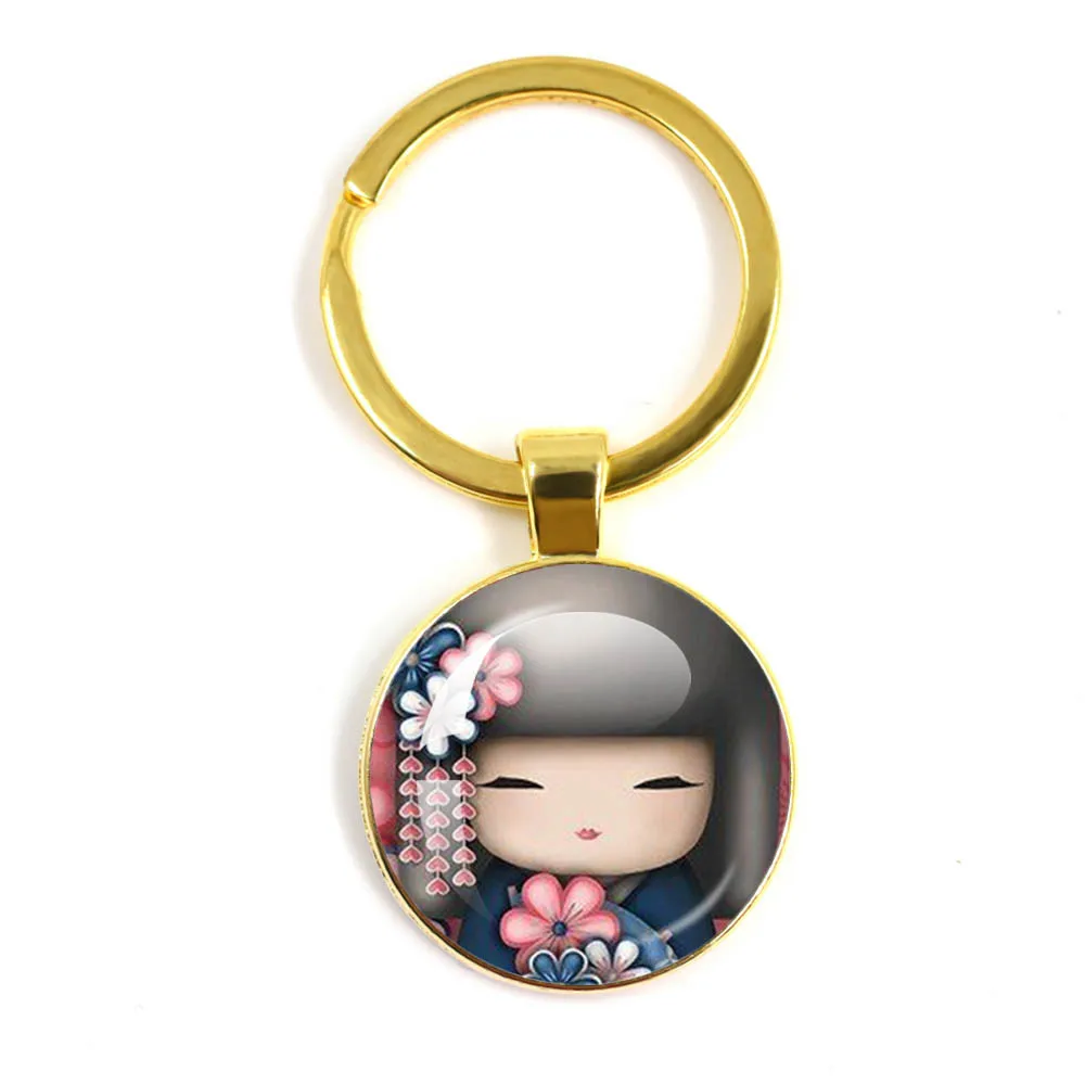 Cute Japanese Girl Face Keychain Lovely Cartoon Kokeshi Kimono Doll Face Pattern Glass Cabochon KeyChains Charm Jewelry Gifts