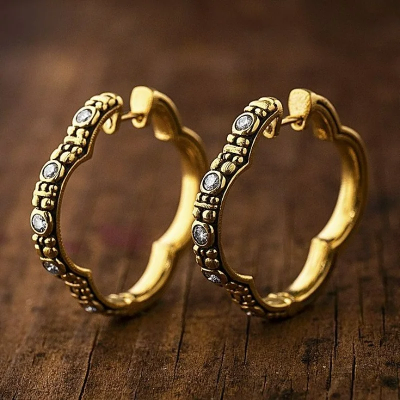 Vintage Simple Design Copper Material Synthetic Zirconia Inlaid Hoop Earrings for Women Daily Commuting Dating Versatile Jewelry