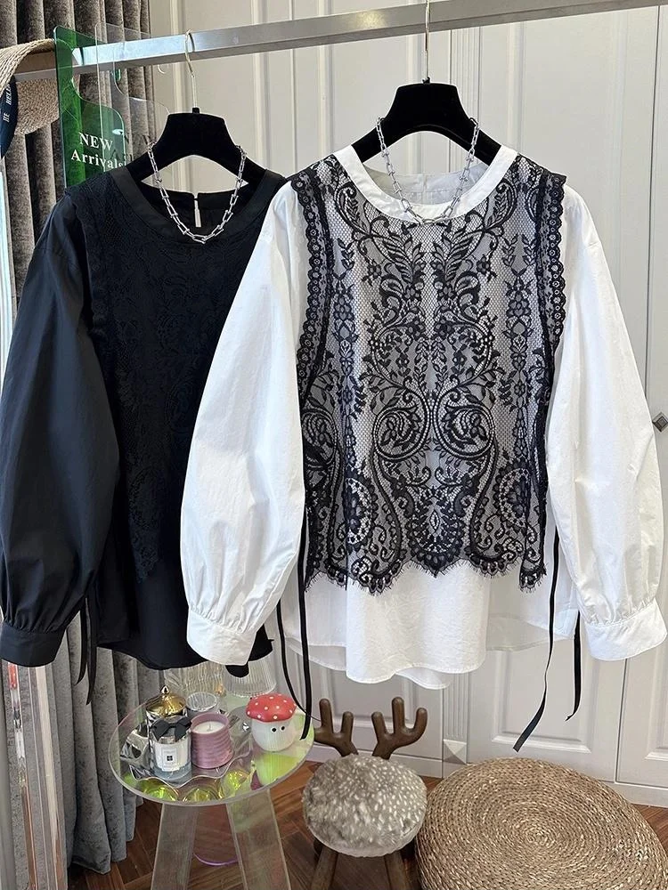 Spring Autumn Two Piece Lace Vest Shirt Women's Shirt Round Neck Loose And Lightweight Ladies Tops Suit