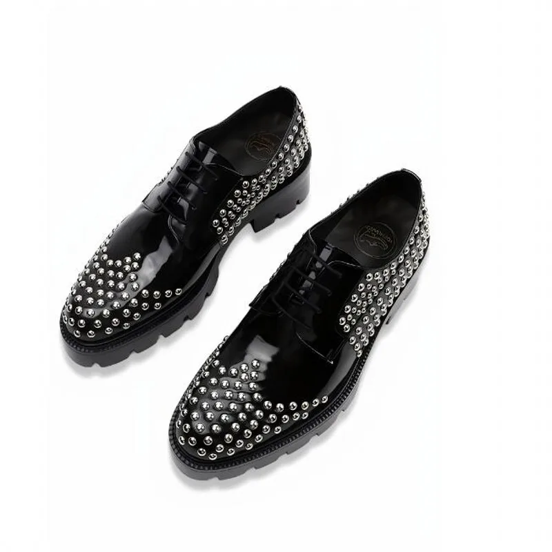New Handmade Men's Derby Shoes with Rivets Cow Leather Thick Heel Fashionable Brogue Design for Casual Wear