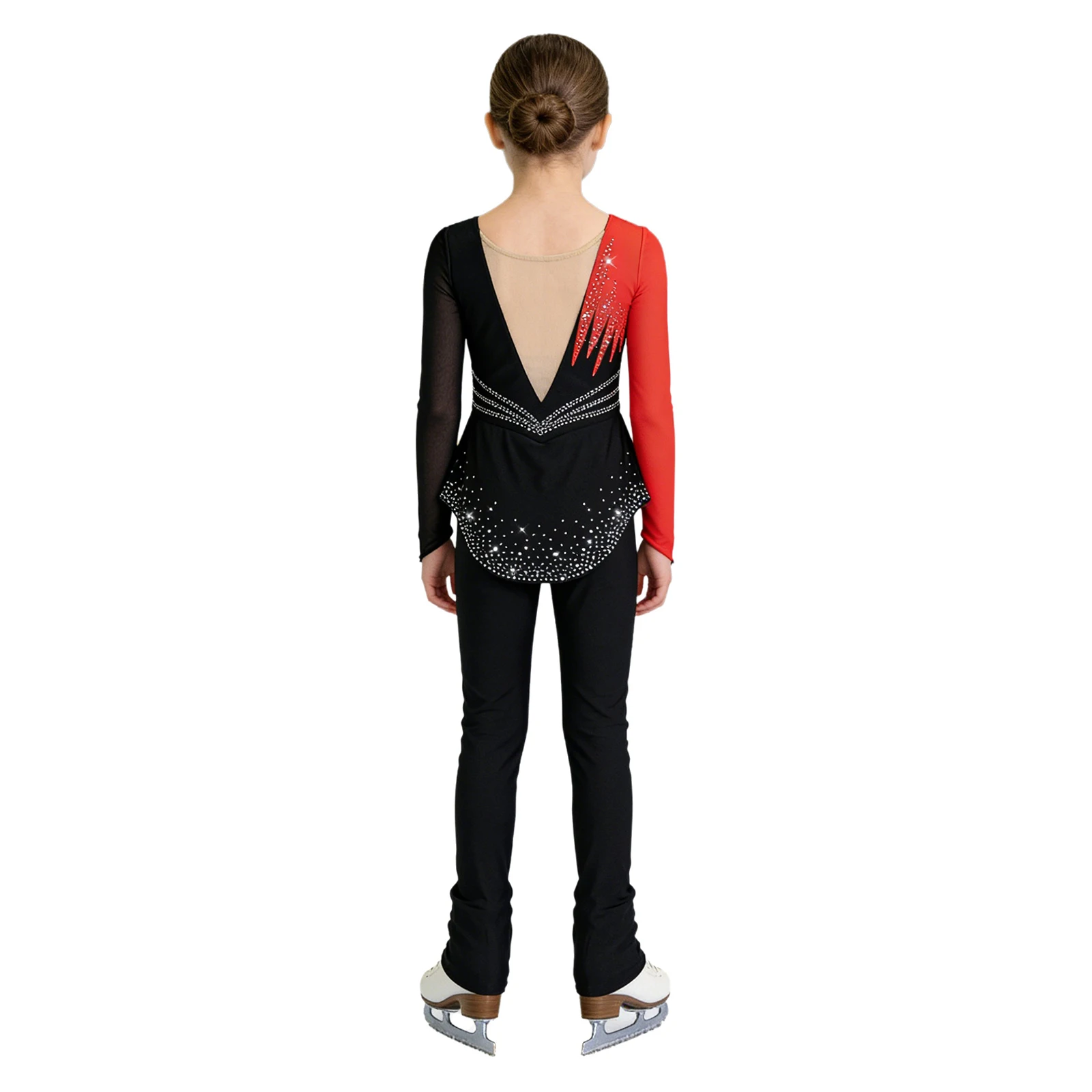 

Kid Girls Color Block Figure Skating Jumpsuit Rhinestone Mesh Long Sleeves Gymnastics Ballet Dance Leotard Full Bodysuit Unitard