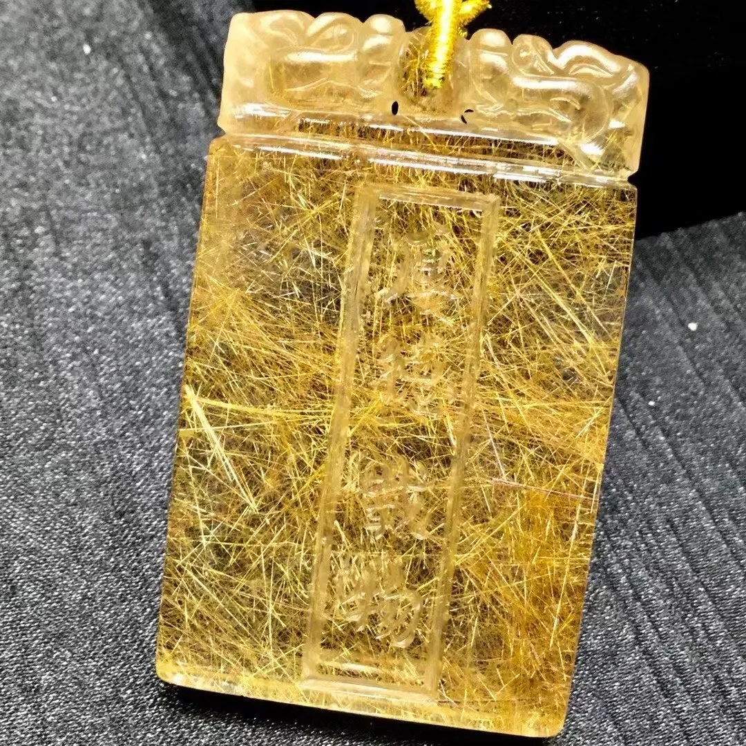 Natural Gold Rutilated Quartz Pendant Rectangle 61.5*37.5*11.5mm BIg Size Rutilated Quartz Jewelry Men Women Brazil AAAAAAA