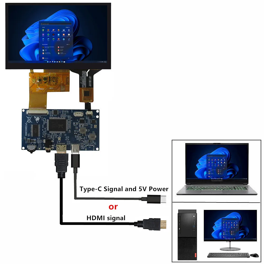 ユニバーサルLCDディスプレイ,5インチ,800x480タッチスクリーン,HDMI互換,タイプCコントローラー