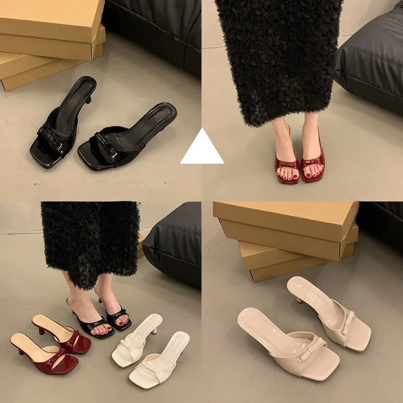 

Women's High Heel Slippers 2025 New Summer Outdoor Wear Square Head Thin Heel One Strap Knot Sandals Versatile Elegance