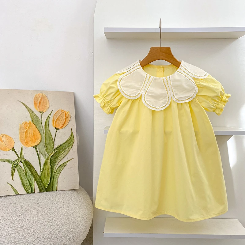 Summer New 2-6Yrs Baby Dress Girl Yellow Princess Puff Sleeve Korean Style Petal Collar Toddlers Kid Cotton Cute Party Dress