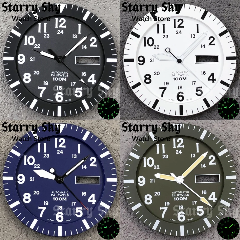 Starry Sky 34.3mm Black/White/Blue/Green Double Calendar Scale Watch Dial Watch Hands With Green Luminous Fits For NH35 Movement