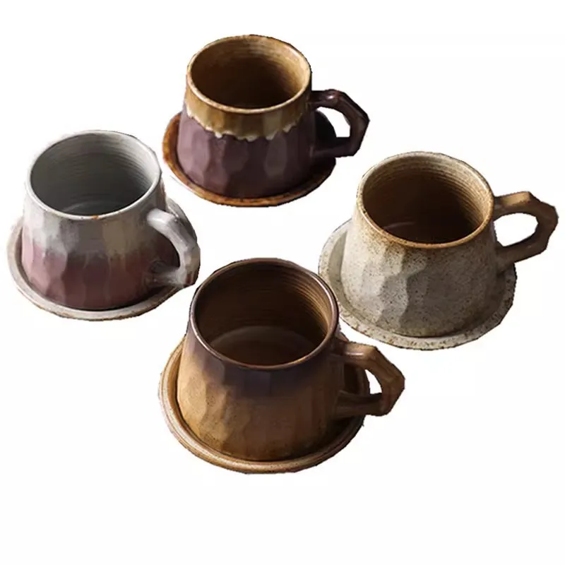 Japanese Style Vintage Rough Ceramic Coffee Cup Saucer Set 310ml Hand Chiseled Texture Mug Creative Tea Cup Gift Home Office