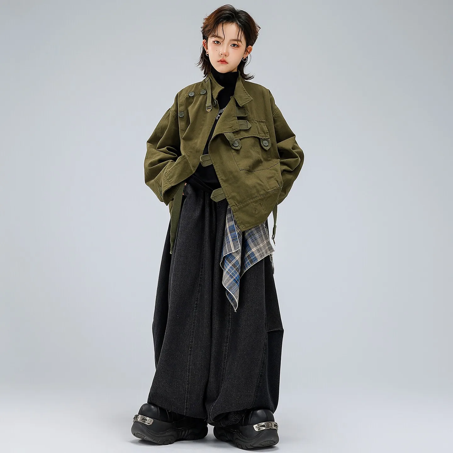 Kid Kpop Hip Hop Clothing Army Green Strap Cargo Jacket Top Black Mock Neck T Shirt for Girl Boy Street Dance Costumes Clothes view 2