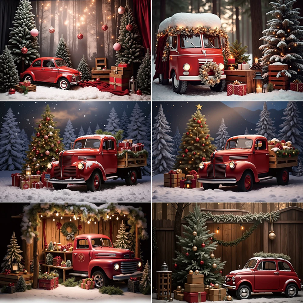 

MOON.QG Christmas Red Truck Backdrop Photography Snow Winter Forest Photocall Background Child Photo Studio Photobooth Supplies