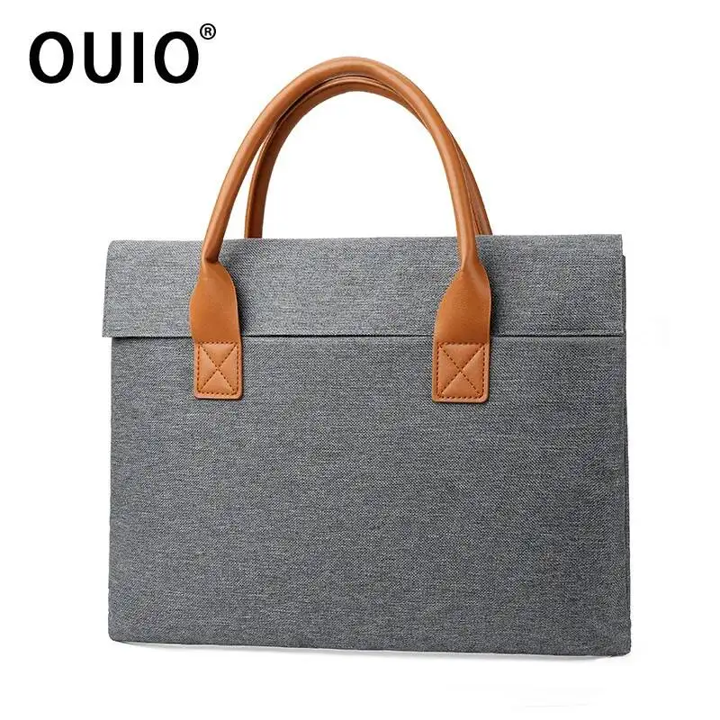 OUIO Business Canvas Laptop Handbag PU Leather Handle Shockproof Notebook Tote Bag Water Resistant Office Briefcase For MacBook
