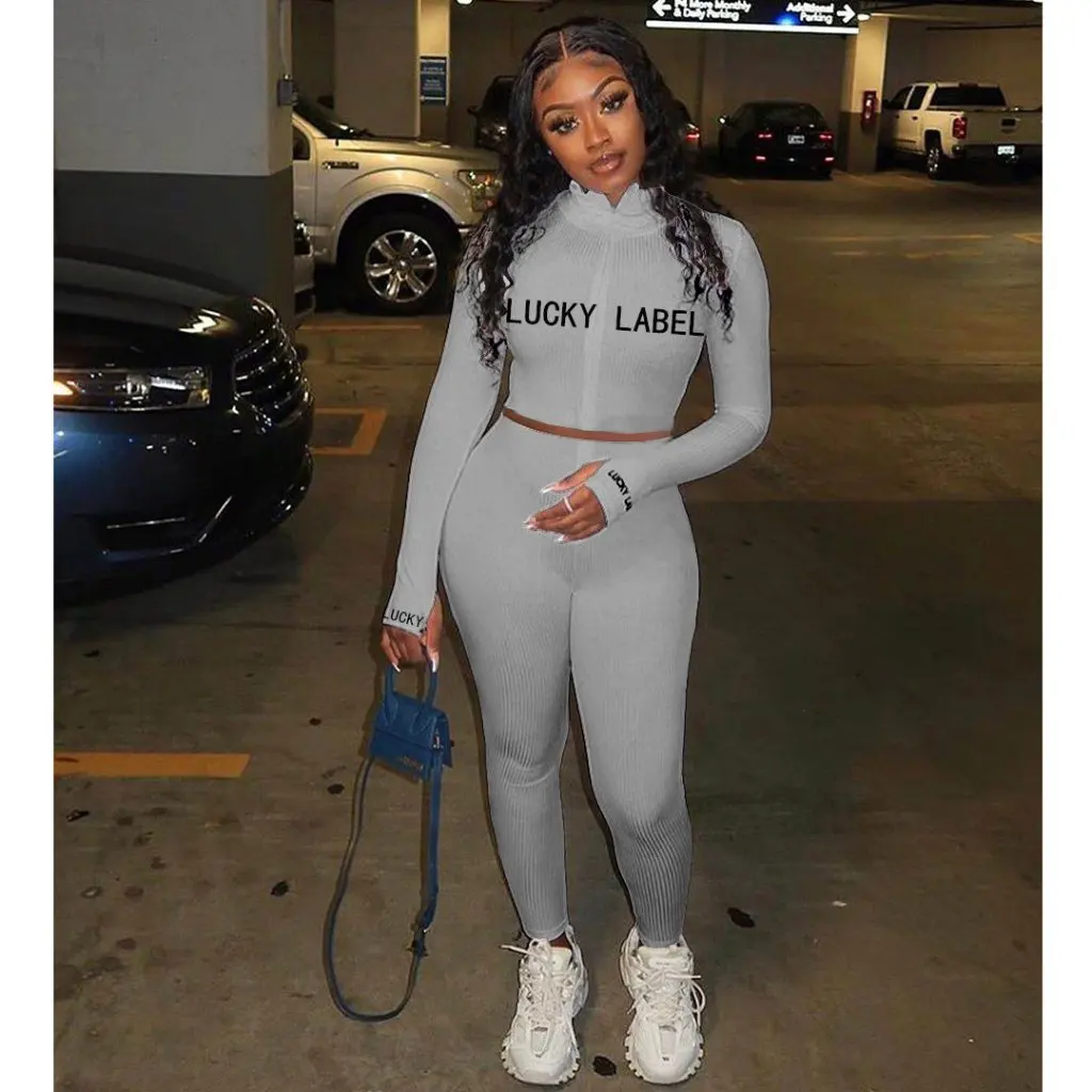 

Independent Station Women's High Neck Thread Embroidery Letter Zipper Sports Two-Piece Set European American Style 9645#