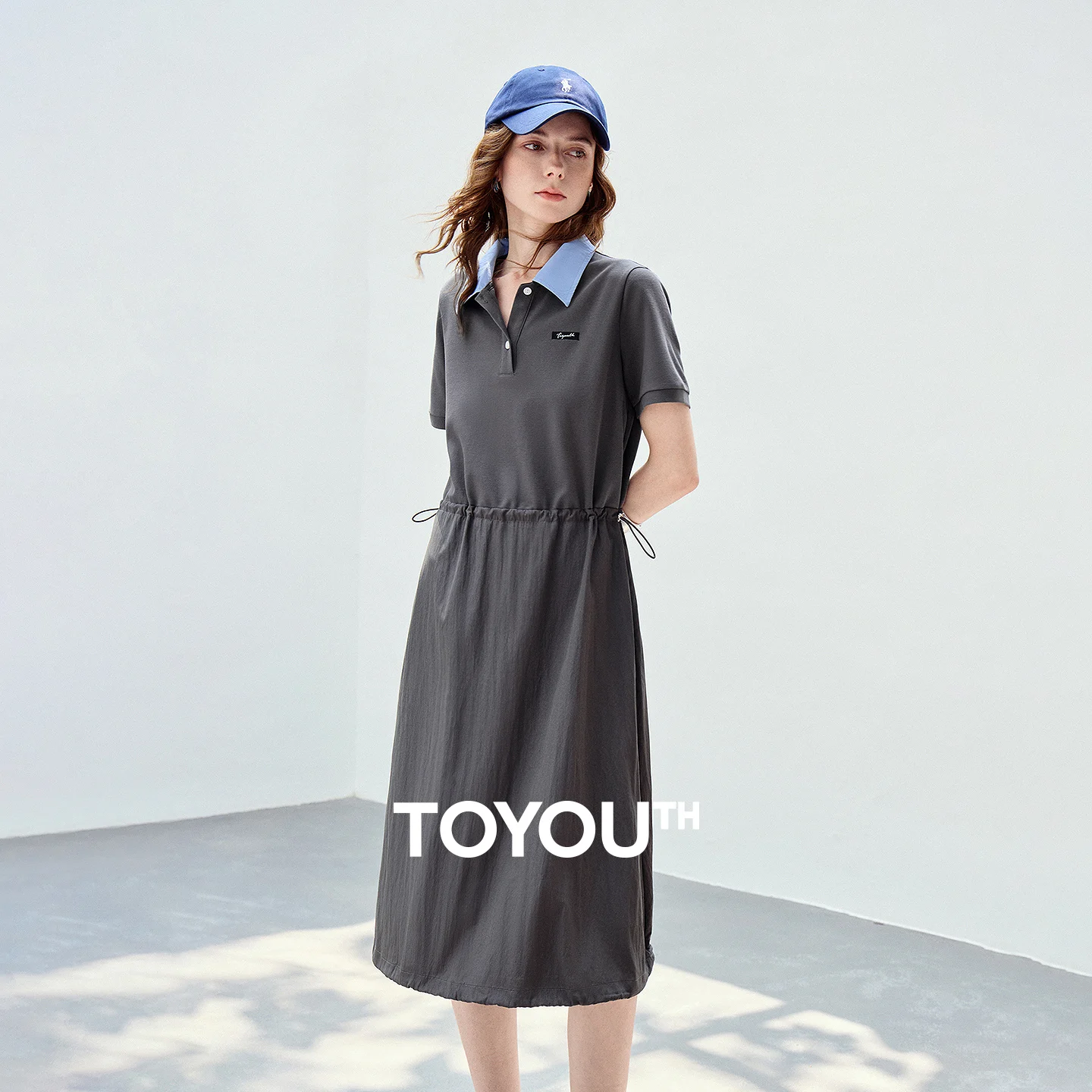 TOYOUTH Women Dress 2026 Summer New Color Block Polo Collar Drawstring Dual Fabric Spliced Fake Two Piece T Shirt Dress