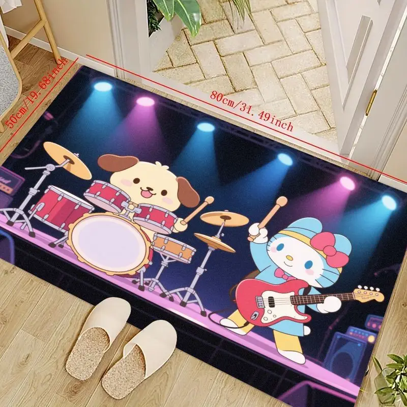 

1PC Cute Sanrio My Melody & Pompompurin Rock Band Concert Theme Floor Mat, Kawaii Cartoon Anime Character Non-Slip Absorbent Doo