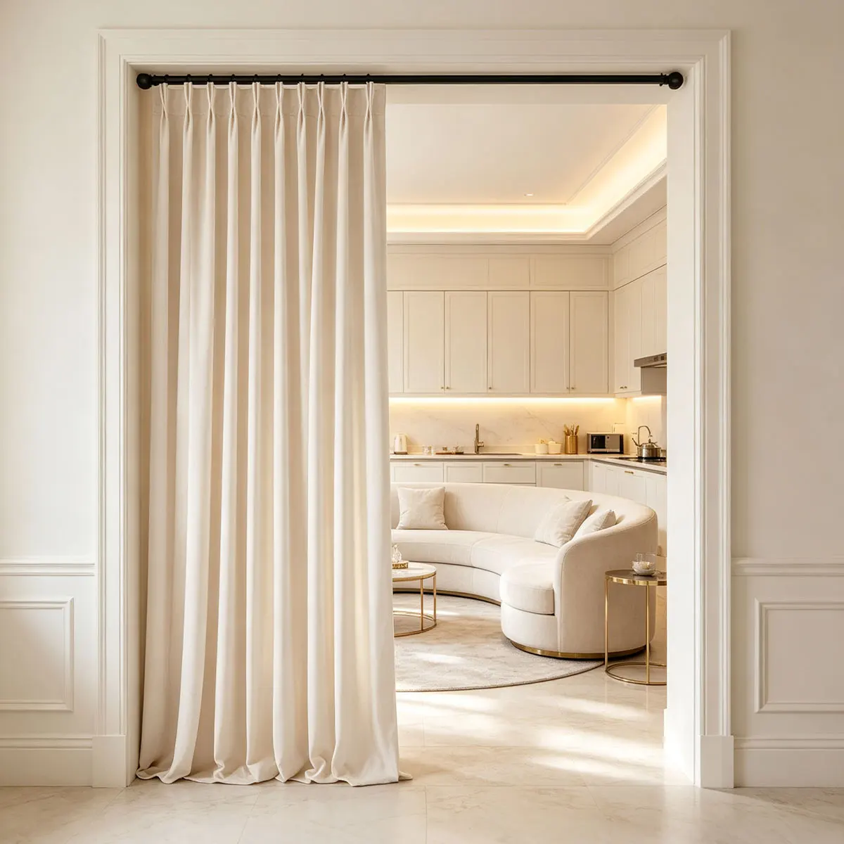 1Pc Beige Velvet Pinch Pleat Room Divider Curtain, Luxury Pleated Fabric Drape, Floor Privacy Curtain For Living Room Doorway