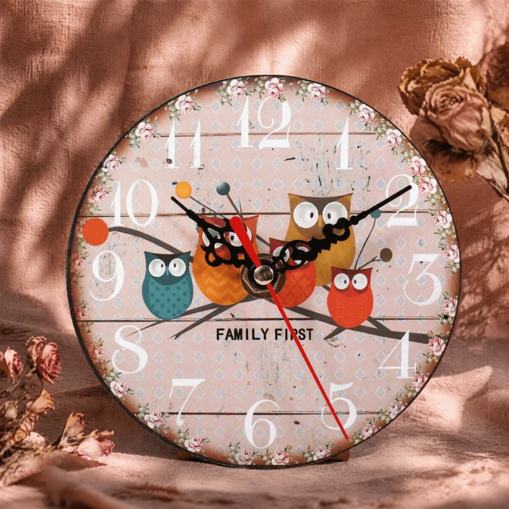 Wooden Wooden Wall Clock Oil Painting Design 4.72in Round Wall Clock Cartoon Owl Pattern Dual Use Retro Wall Clock Wall Mount