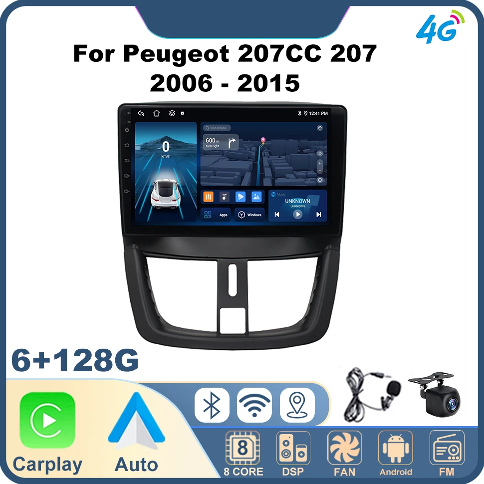 Car Radio Multimedia Player Android 12 for Peugeot 207CC 207 2006 - 2015 Navigation GPS Wireless Carplay 4G Net 2Din Autoradio