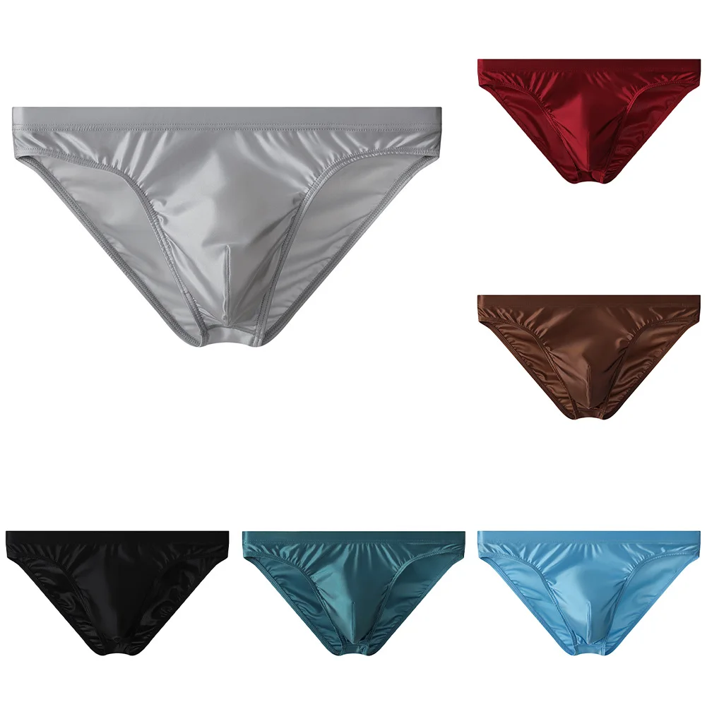 

Mens Solid Color Fashionable Underwear Satin-like Ice Silk Briefs Breathable U Convex Pouch Elastic Waist Panties