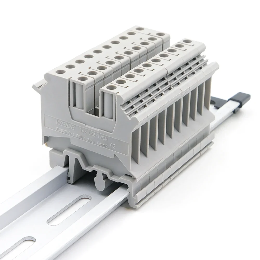 UK 5 800V 40A 24-10AWG DIN Rail Terminal Block Twin-Level Spring Clamp 50 Pcs Nylon PA66 for Industrial Control Panels