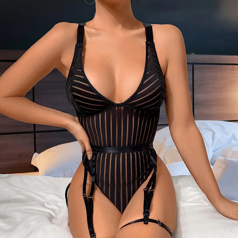 

Sexy Striped Women Garter Belt Bodysuits Fashion Black Teddy Lingerie Plump Transparent Jumpsuit Pajamas Oversized Tight Rompers