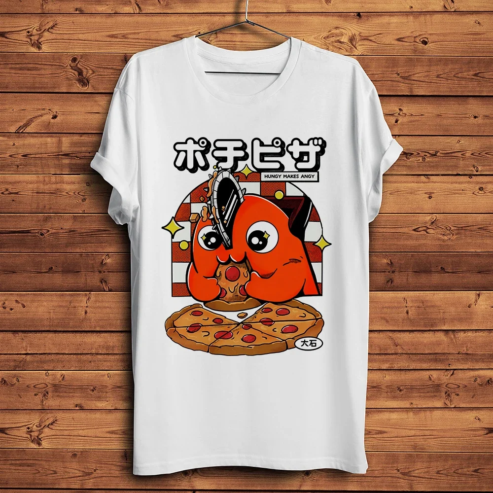 heavyweight Informal New cute Chainsaw Pochita love pizza funny anime Men Casual Tshirt Unisex Streetware Tee breathable print