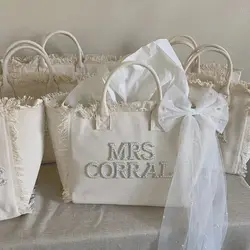 Personalized Monogram Tote Bag Customised Chain Handbag White Stripe Initials Beach Holiday Canvas Tote Bag Bride Gifts