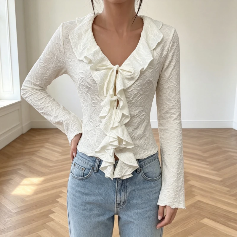 Autumn New French Romantic Solid Color Ruffle Trim Slim Fit Long Sleeve Top Women's Elegant Designer Blouse Women's Clothing