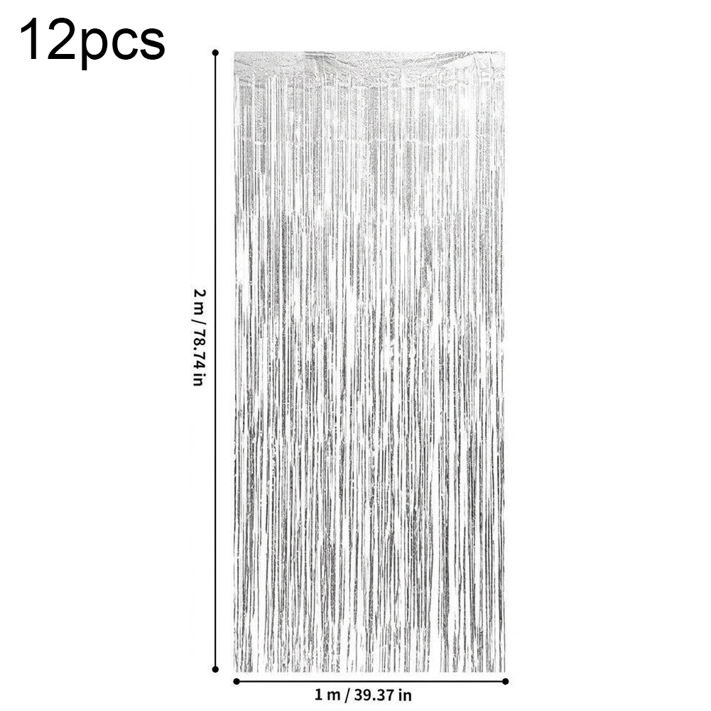 Silver Fringe Backdrop Curtains 12 Pack for Festive Decor Each 1 Meter Wide by 2 Meters Long with Integrated Strip