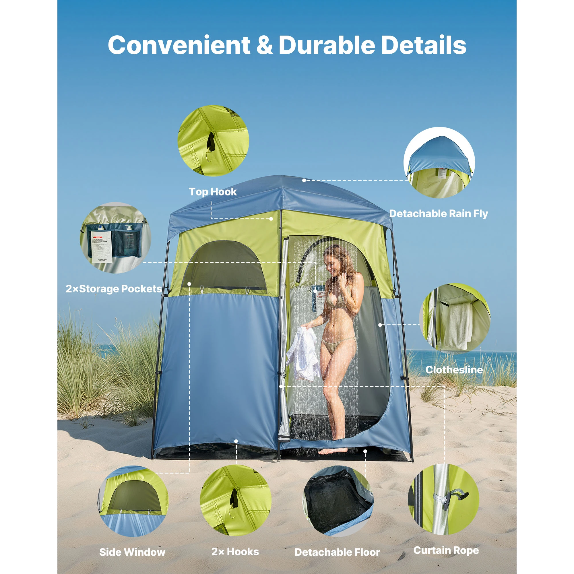 2 Room Portable Camping Shower Privacy Tent, Outdoor Changing Room with Shower Bag Support Poles Ground Stakes Ropes Carry Bag