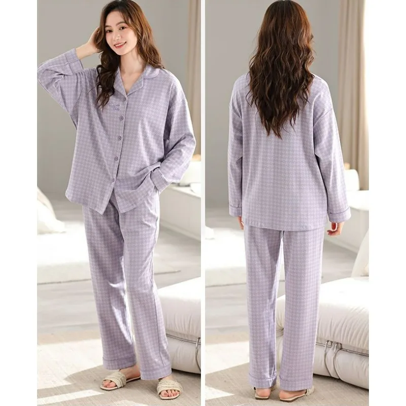 2024 neue Frauen High-End-Pyjamas aus reiner Baumwolle Frühling Herbst lang ärmel ige lässige große Homewear Anzug lose weibliche Pyjamas Set