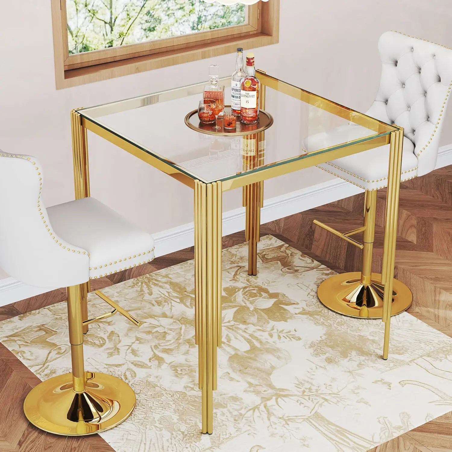 

Square Glass Bar Table 37" Clear Tempered Top Polished Gold Steel Legs Counter Height Kitchen Apartment Small Space, Customized
