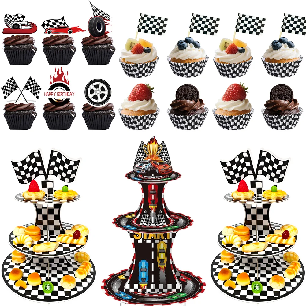 Decoración para Pastel de Cumpleaños con Temática de Carreras, Envoltorios para Cupcakes con Bandera a Cuadros, Adornos para Cupcakes para Fiestas de Carreras