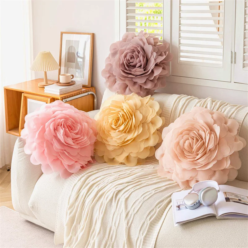 

Nordic Flower Cushion Cover Stereoscopicl Organza Flower Pillowcase Round Flowers 3D Cushion Princess Style Sofa Home Decoration