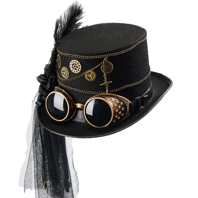 

Steampunk Fedora with Goggles Lolita Goth Feathers Gears Chain Top Hat Veil Halloween Party Stage Props Headdress