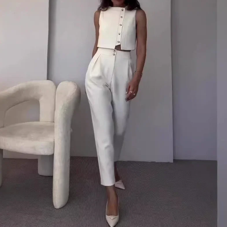 Vest Tops Two Piece Sets Women Pants Set Round Neck Sleeveless White Button High Waist Wide Leg Long Pants Slim Fit Elegant