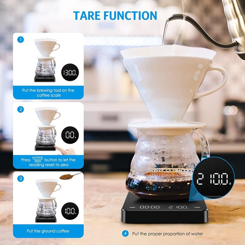 Digital Kitchen Scale With Timer ABS 3 Units Rechargeable Portable Coffee Scale 3Kg/0.1G High Accuracy