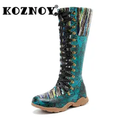 Koznoy Big Size Shoes for Women 3cm Print Sheepskin Leather Mid Calf Knee High Booties Chimney Autumn Winter Flats Woolen Weave