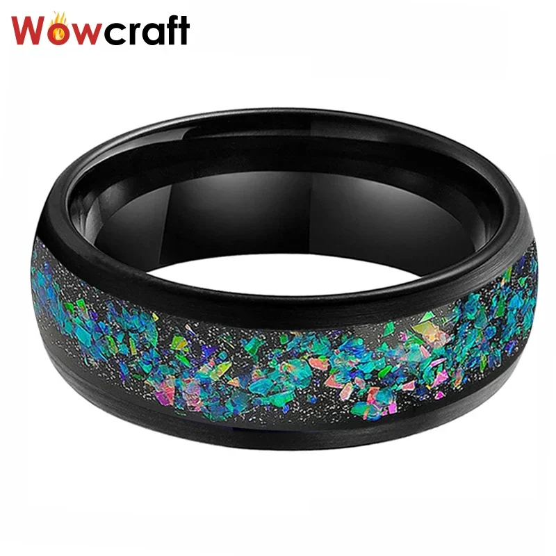 Men Women Wedding Bands Black Tungsten Carbide Rings Galaxy Crushed Opal inlay Domed Brushed Finish Comfort Fit