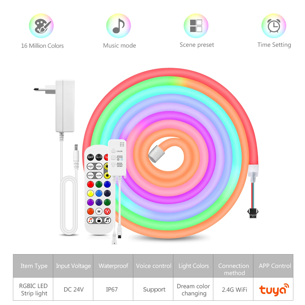 Tuya Neon Strip 24V Wifi Voice Control Rgbic Dreamcolor Neon Touw Licht 120Leds/M Waterdicht Lint Decor Voor Alexa Google Home